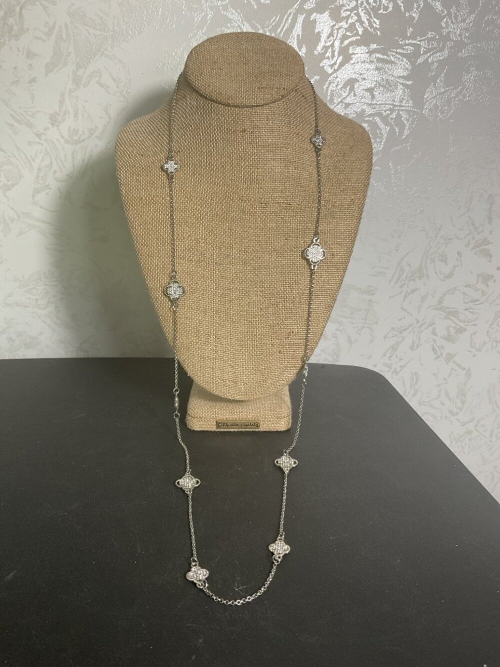Silver Tone Pave Clover Long Station Necklace Sparkly Vintage Alhambra Style